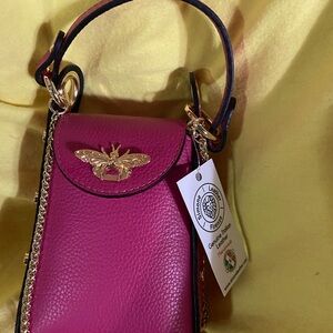 Simone Ape Leather Phone Pouch Hot Pink with Gold color Chain Crossbody NWT